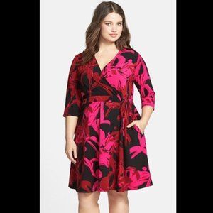 C - TAYLOR 14W NEW FLORAL PRINT HOT PINK RED BLACK DRESS NWT sleeves fit & flare
